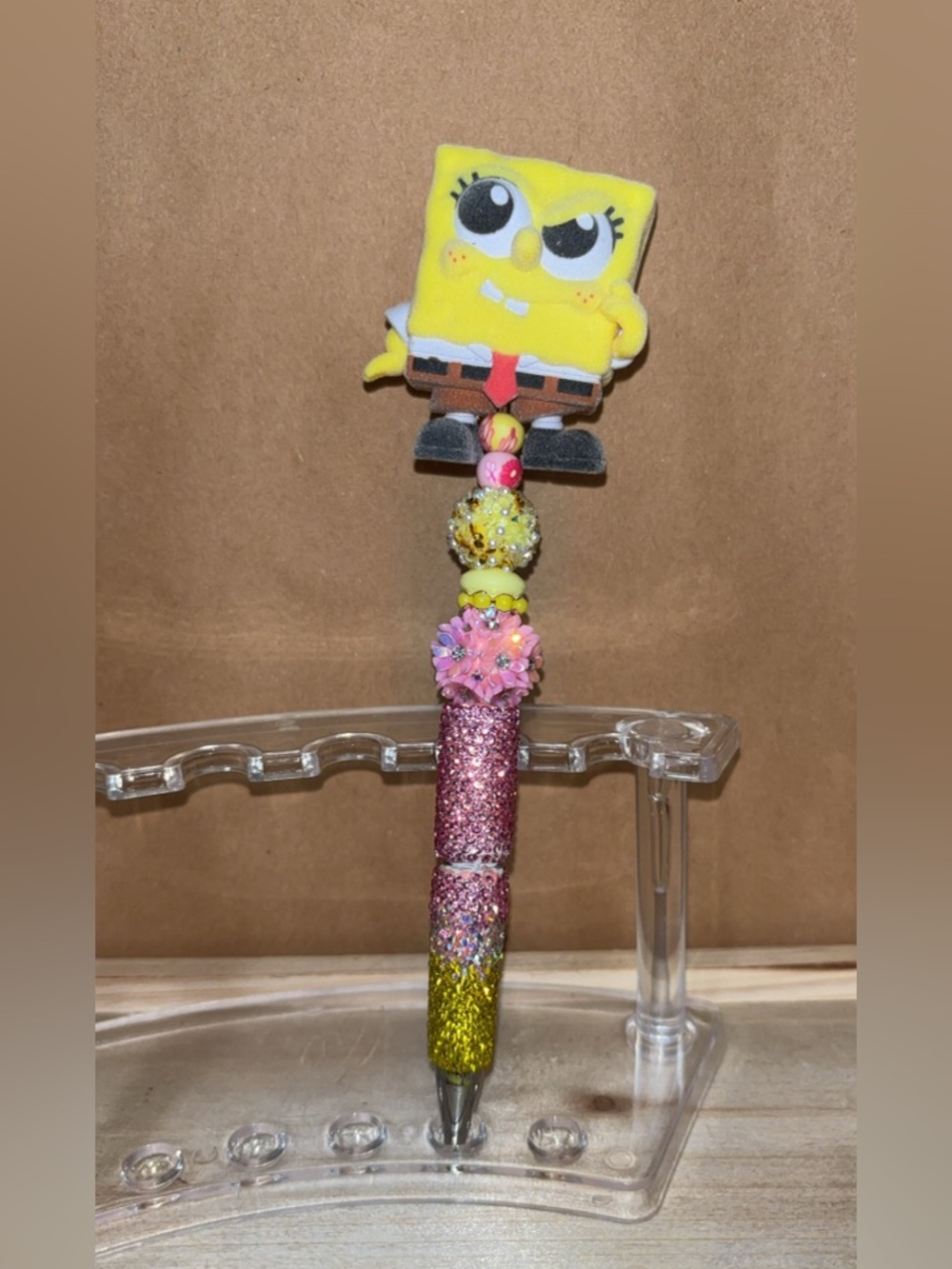 SpongeBob Squarepants Yellow Pink Gold Glitter Beaded Pen